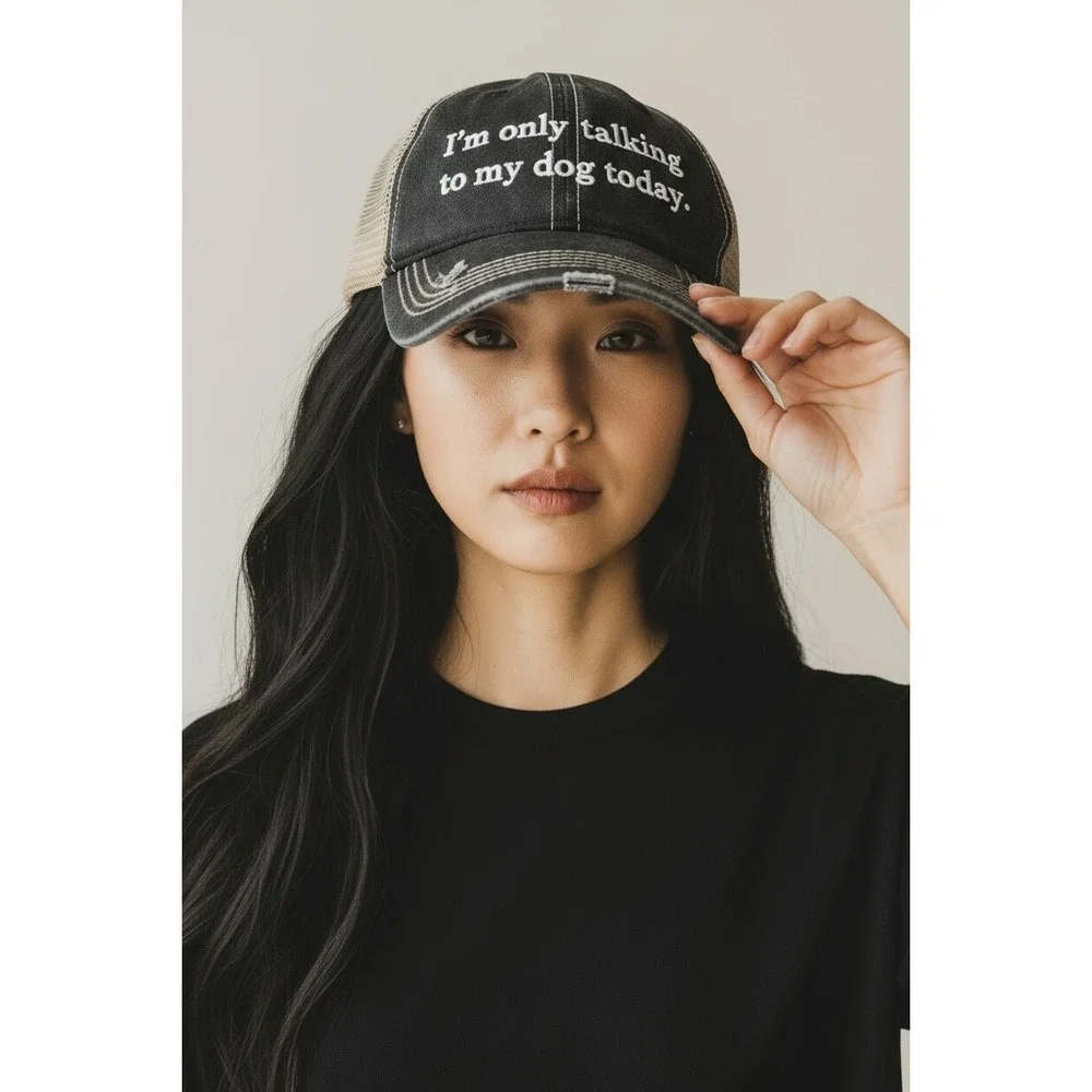 Dog Lover Distressed Trucker Hat Washed Black Tan Mesh Snapback Baseball Cap